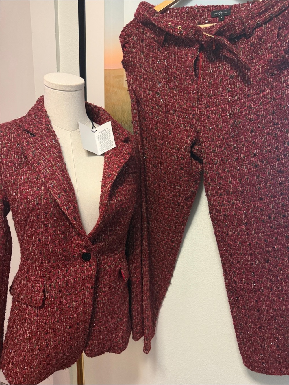 NWT AREA STARS Burgundy Metallic Tweed Blazer & Pants Suit Set Size S Sample